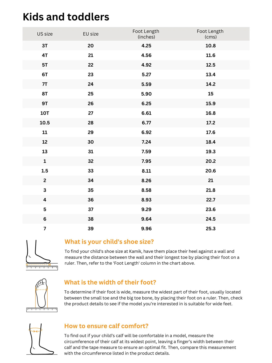 Kamik Kids Shoe Size Chart